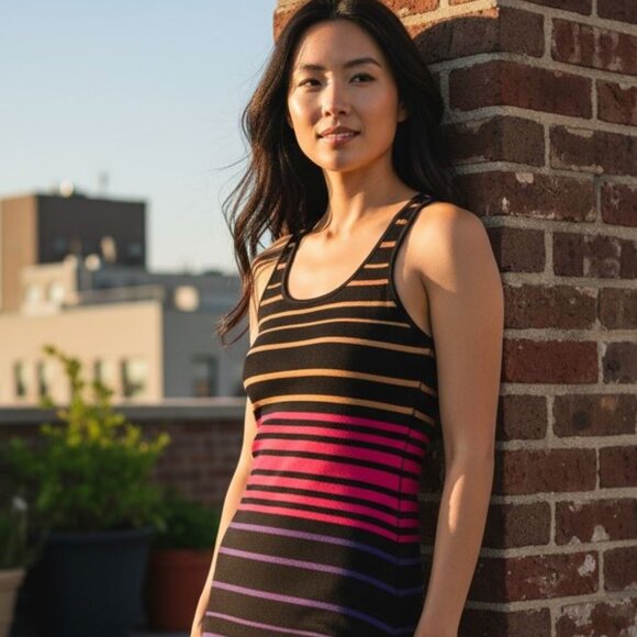 3/25$ - Robe sans manche Dynamite femme Small P noire lignée rose violet beige - Picture 1 of 7